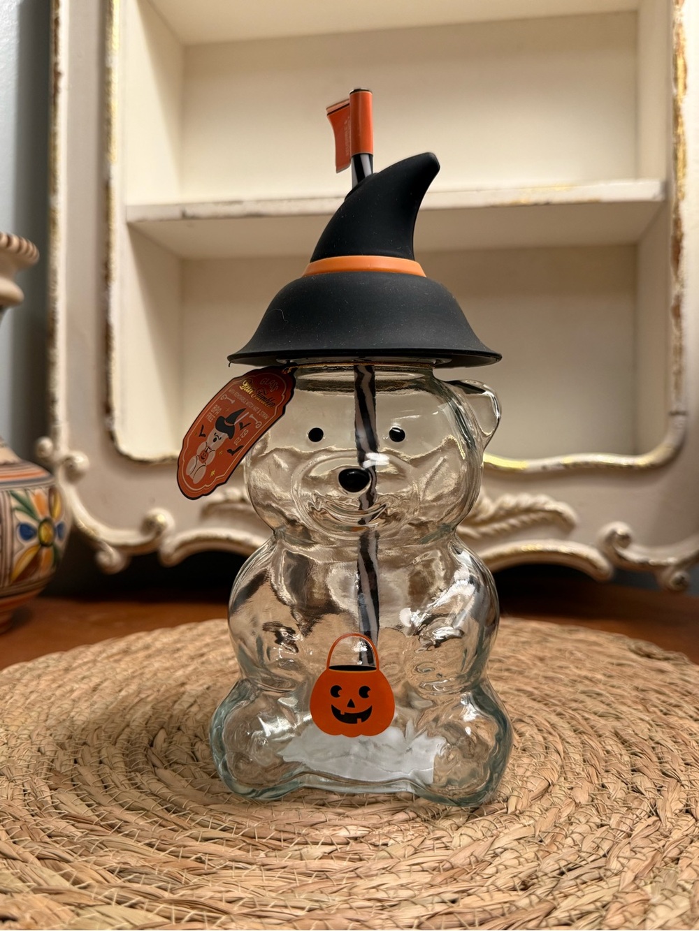 BNWT Halloween Witch Hat Glass Bear Tumbler- Clear, Orange, & Black w/ Straw
